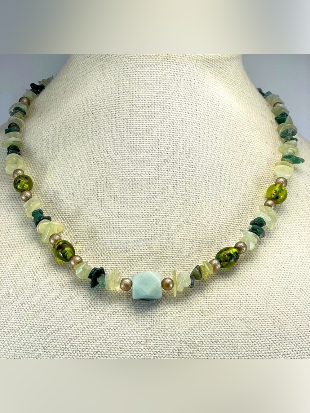 Artisan Handmade Crafted Amazonite Moss Agate Lamp Work Glass Beaded Necklace